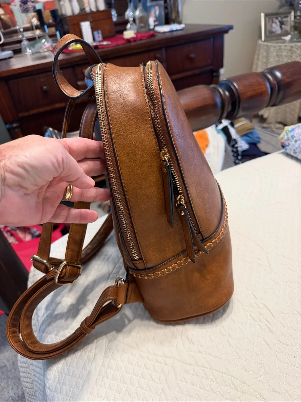 Men's Tan Leatherette Backpack with Braided Trim